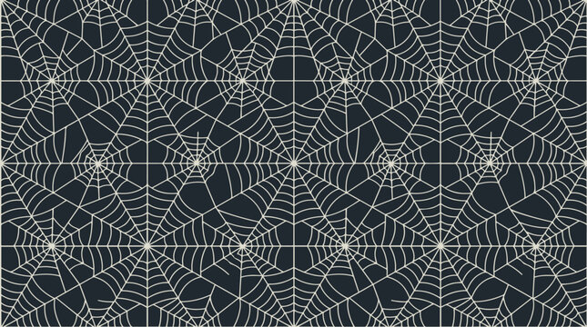 Dense spider web allover seamless pattern tile on dark navy background, Halloween vector print design