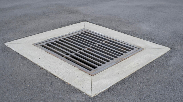 Diamond-shaped concrete surround for a square metal grate drain cover embedded in a smooth gray asphalt surface