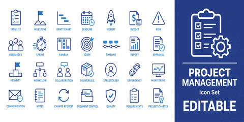 Naklejka premium Project management icon set vector illustration featuring planning tasks and workflow symbols management icons workflow graphics business organization task vector strategy icons corporate symbol