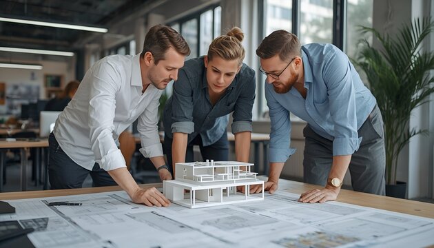 Architects Collaborating Around Architectural Model and Shop Drawing Papers in Modern Office, Teamwork, Building Design, Construction Planning and Engineering