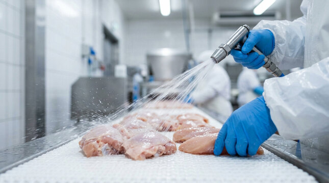 Industrial worker washing raw chicken on a factory conveyor belt