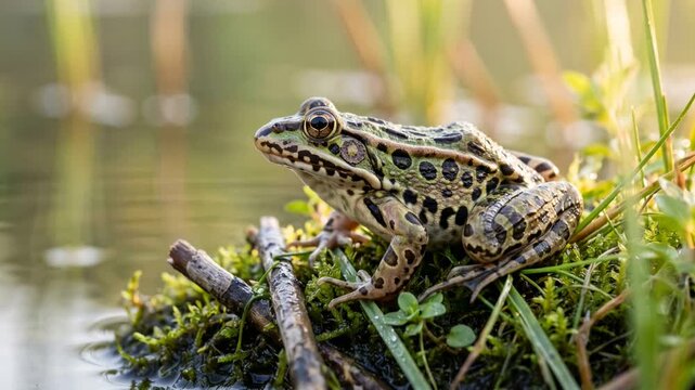 leopard frog close up at morning light in minnesota usa wetland video