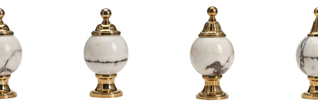 Four decorative finials featuring white marble spheres and polished brass bases arranged in a horizontal row isolated on a transparent background