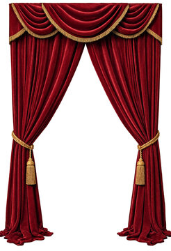 Luxurious red velvet theater curtains with gold trim and tassels for elegant stage design and decoration