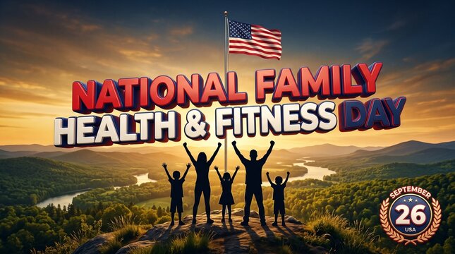 National Family Health & Fitness Day Celebrated With American Flag at Sunset. Silhouettes Of Parents And Children Raising Arms On Mountain Ridge Above Scenic River Valley Landscape With Golden