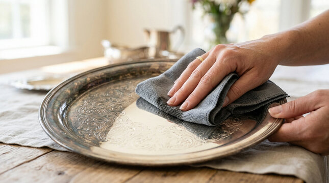 Hands polishing vintage silver tray with grey cloth