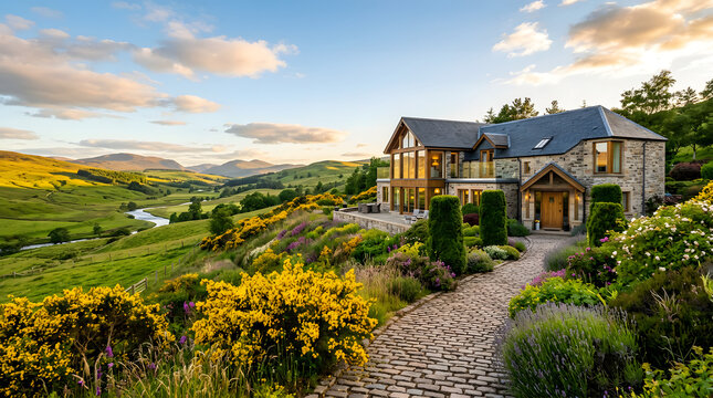 Beautiful countryside house surrounded by vibrant garden and rolling hills