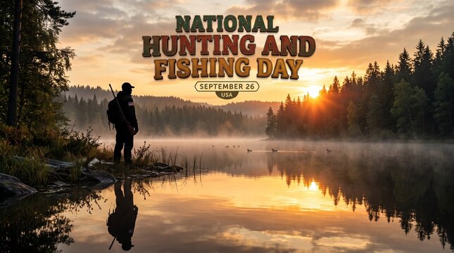 National Hunting And Fishing Day September 25, silhouette of man fishing with rod at sunset lake, outdoor recreation, autumn nature, serene waterscape, reflection in calm water