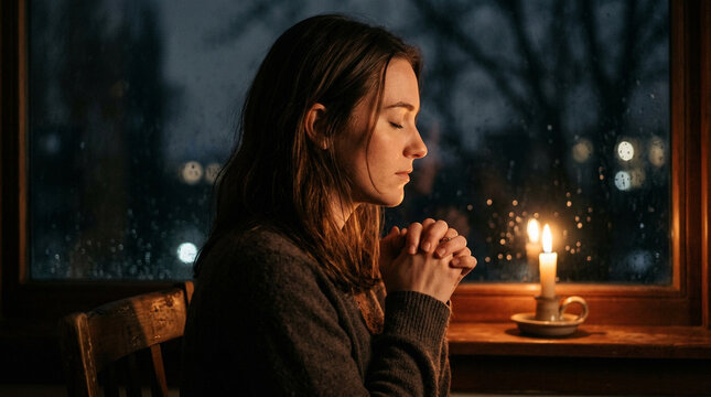 Young woman praying by candlelight near a rainy window at night