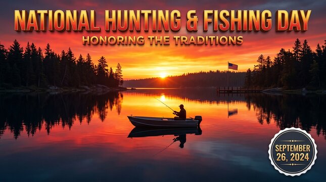 Vibrant Sunset Lake Banner for National Hunting and Fishing Day. Man fishing in canoe amidst forest reflection. September 26, 2024 text graphic. Honoring traditions.