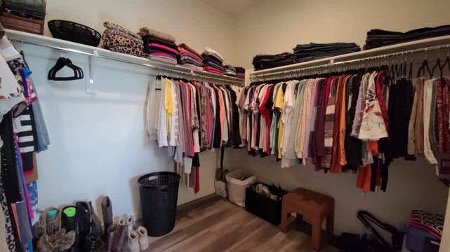 Spacious walk-in closet with organized clothing