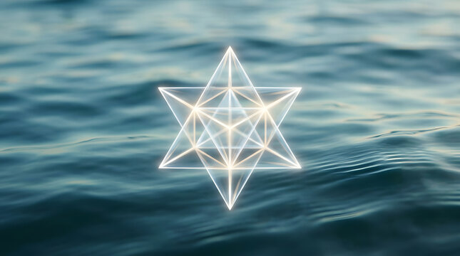 Bright geometric star floating above water surface with glowing lines