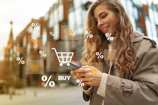 Person engaged in online shopping with shopping cart graphics in a city setting