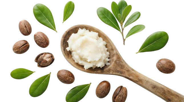 Shea butter in a wooden spoon with shea nuts and green leaves isolated on transparent background