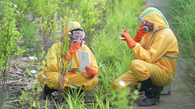 Chemical suit environmental scientist field research collecting water sample and soil sample, respirator safety gear, tablet recording contamination inspection in wetland marsh monitoring pollution