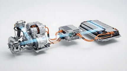 Naklejka premium Electric vehicle drivetrain with battery pack, electric motor, inverter and transmission components for future automotive engineering