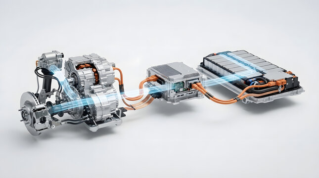 Electric vehicle drivetrain with battery pack, electric motor, inverter and transmission components for future automotive engineering