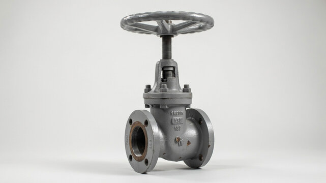 Industrial gray metal gate valve with flanges and handwheel on a white background, isolated for engineering and manufacturing applications keywords: gate valve, industrial valve, plumbing, fluid