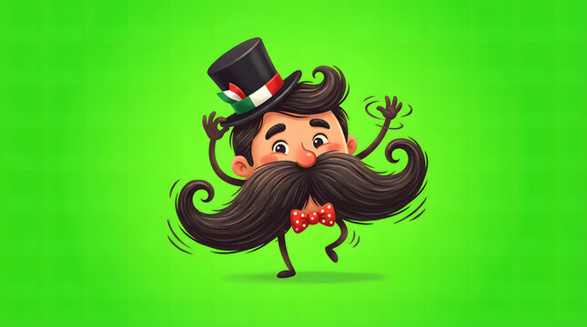 Cartoon Man with Mustache and Top Hat on Bright Green Background