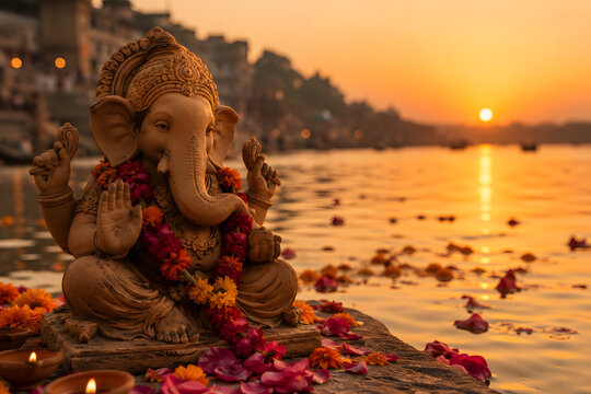 Intricately carved stone Ganesha idol adorned with vibrant marigold flower garlands sits peacefully amidst glowing ritual candles under warm golden sunset light captured with a soft cinematic depth of