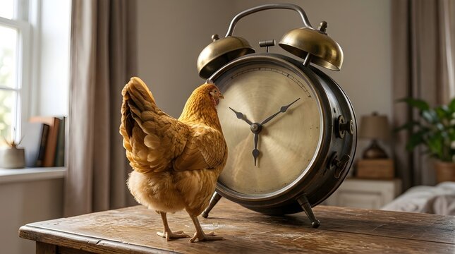 Golden Hen Standing Beside a Vintage Alarm Clock