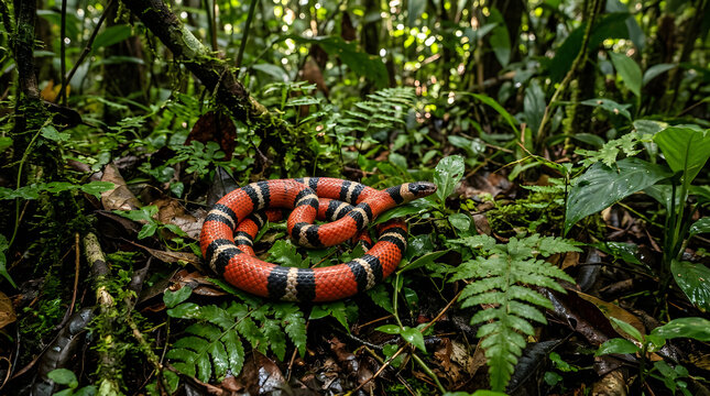 Colorful Amazonian Milk Snake Coiled in Jungle Environment