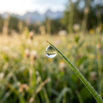 Macro shot of a single dew drop on a blade of grass with a blurred mountain meadow landscape in the background
