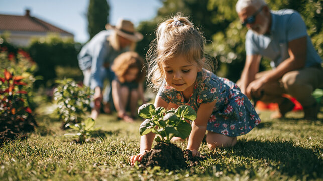 Three generations gardening together in a sunny backyard, grandparents and adult family members planting vegetables, connection and healthy lifestyle concept, authentic candid moment, warm natural