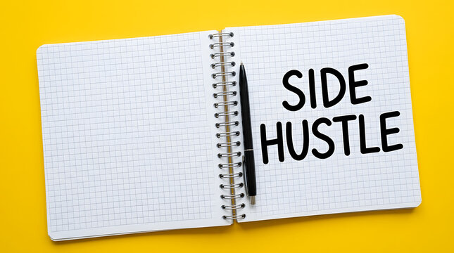 Open spiral-bound notebook with grid paper, black pen, and bold SIDE HUSTLE text on a vibrant yellow background, conveying a professional and motivational concept featuring spiral bound