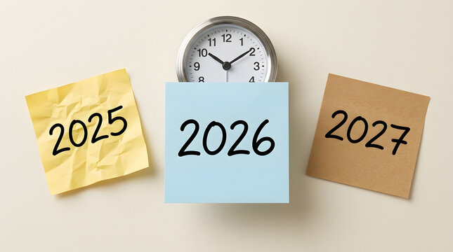 3D rendered clock with black hands above three sticky notes labeled,, and on a light beige background, minimalistic and professional design with subtle shadows featuring d clock featuring 3d clock