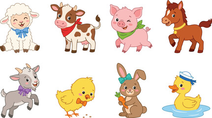 Obraz premium Cute Cartoon Farm Animal Collection with Sheep Cow Pig Horse Donkey Chick Rabbit and Duck