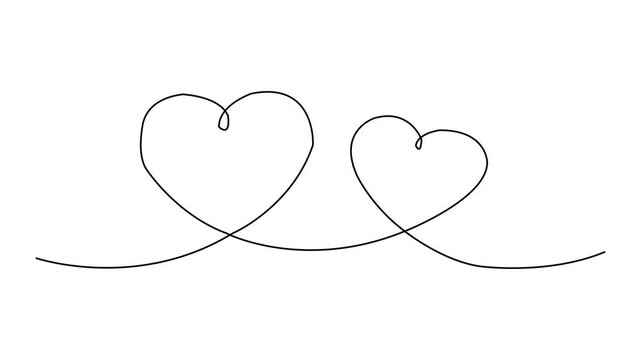 Minimalist continuous line of two hearts, romantic love concept, hand-drawn black heart outline on white background