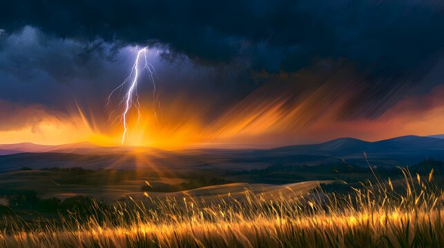 Dramatic lightning strikes over a rolling countryside landscape under an orange sunset sky_