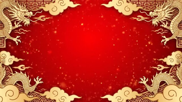 Golden Chinese dragon frame on festive red background loop