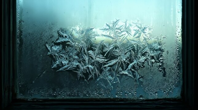 Clustered frost feathers glowing on misty window pane against pale sky