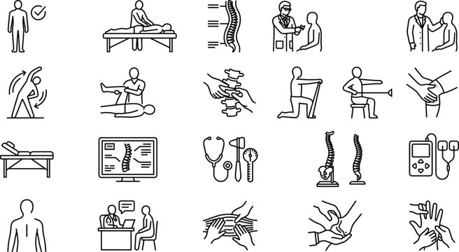 Chiropractic therapy and physiotherapy vector line icons collection featuring spinal alignment massage physical rehabilitation and medical diagnostics elements