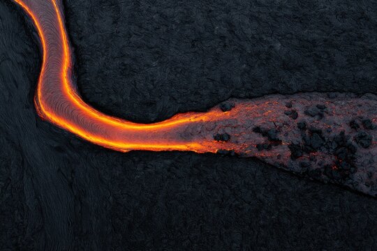 A river of molten orange lava flows across dark, textured ground