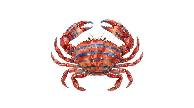 Colorful red and blue striped crab watercolor illustration representing a vibrant marine crustacean creature isolated on white background