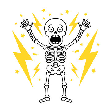 Surprised skeleton cartoon character with lightning bolts