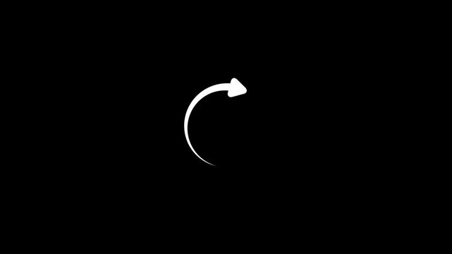 Minimalist loading spinner animation with rotating arrow and progress dots on black background indicator