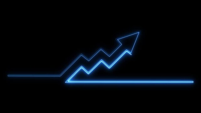 Glowing blue neon financial growth arrow chart animation on black background, graph