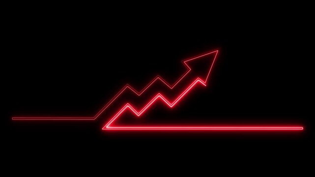 Neon red rising arrow graph chart animation on black background, for financial growth, and business success