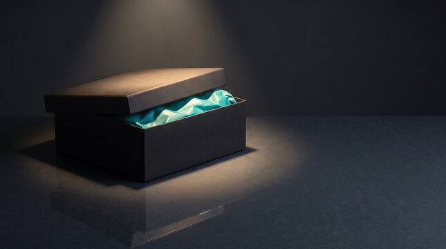 Black gift box with a partially open lid revealing crumpled turquoise tissue paper illuminated by soft lighting on a reflective surface
