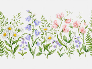 Fototapeta premium Watercolor wildflower border with daisy bluebell sweet pea and forget me not flowers on white background