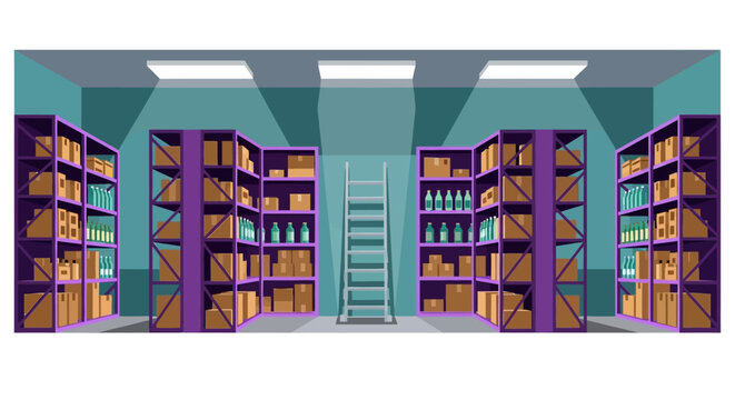 Modern warehouse interior with purple shelving and organized stock.