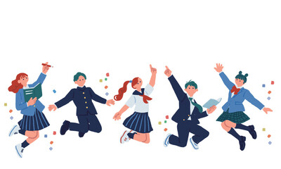Plakat リズムよく跳ねる学生5人組のイラスト