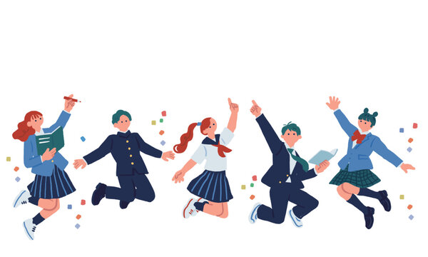 リズムよく跳ねる学生5人組のイラスト