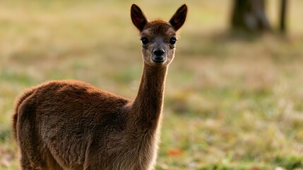 Fototapeta premium A young alpaca stands alert in a sunlit grassy field its dark eyes and brown fur catching the warm afternoon light