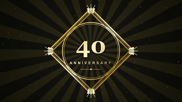 elegant 40th anniversary celebration background featuring a gleaming gold art deco diamond frame and the number forty on a dark background with radiating sunburst light rays.