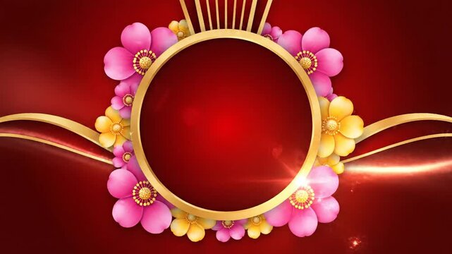 Golden circular frame with pink flowers on red background